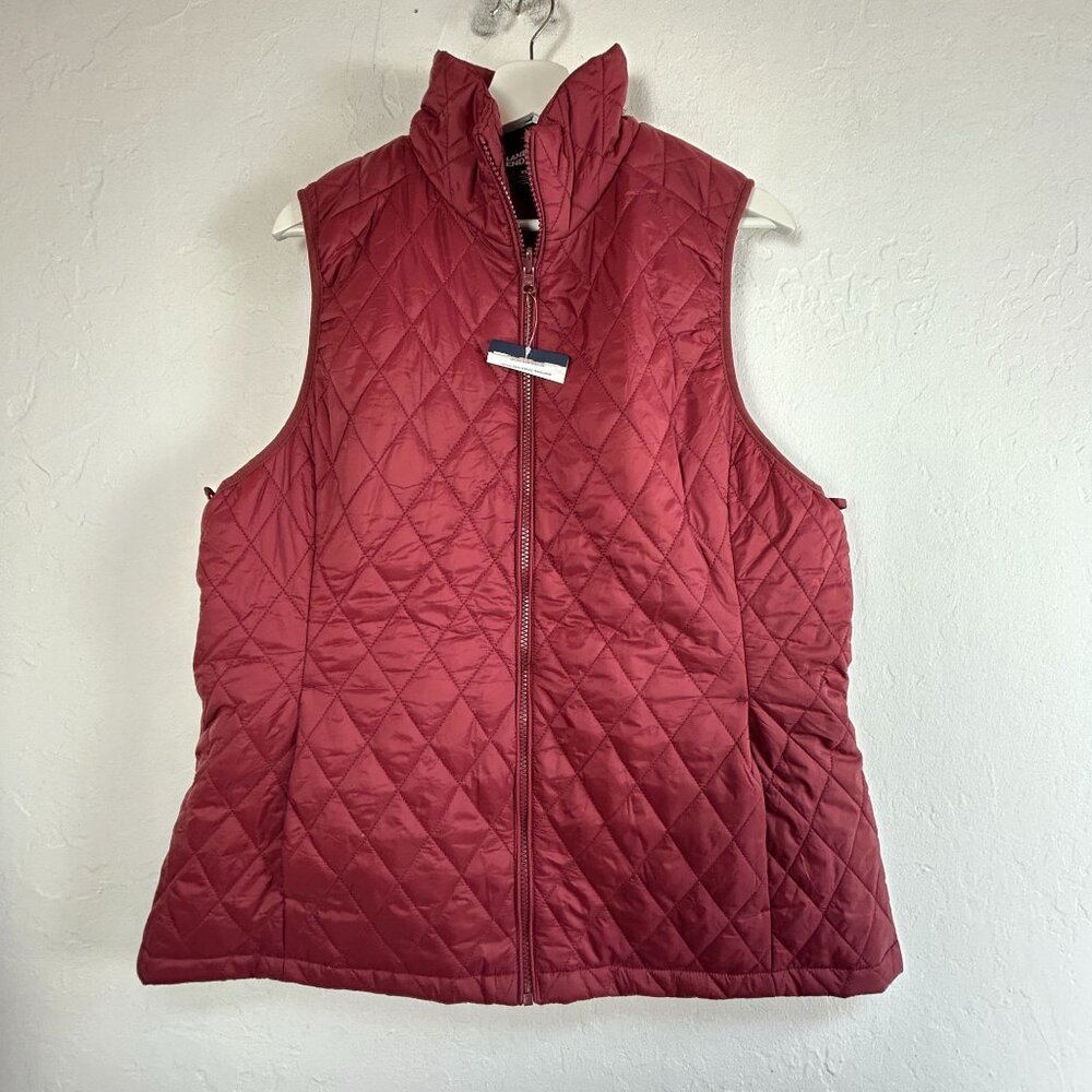 Lands' End Womens Quilted Vest XL Red Full-Zip Pockets Packable Outdoor NWOT